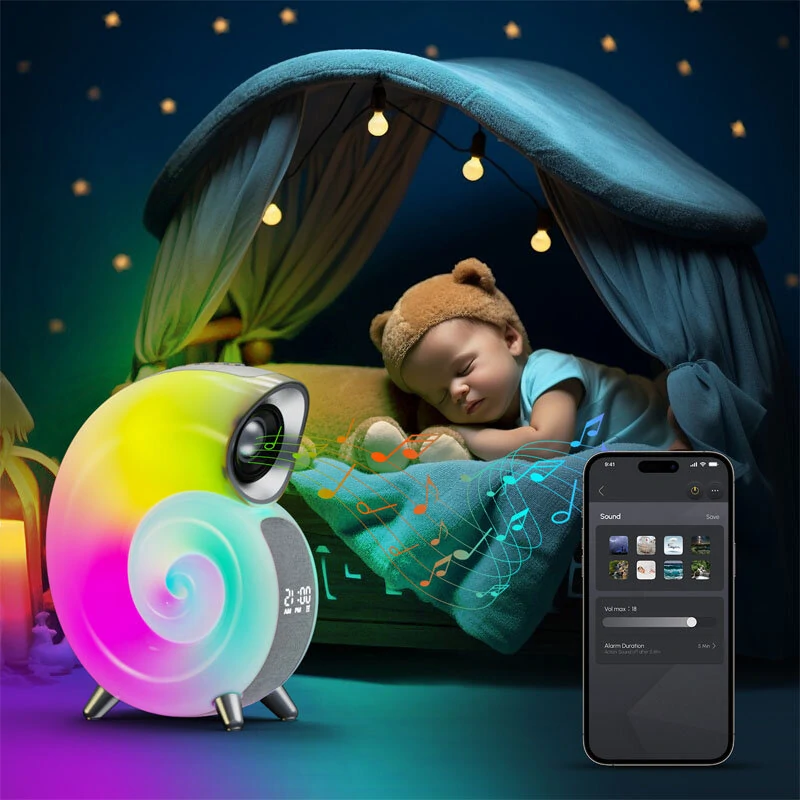 (image for) Conch RGB LED Night Light Wake Up Lamp Sleep Light Smart Atmosphere Lamp Blue Tooth Clock Alarm speaker with Stereo BT Speaker